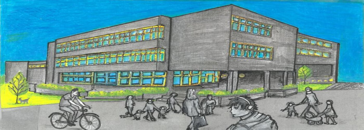 Schülerzeichnung Schulgebäude blau/grau