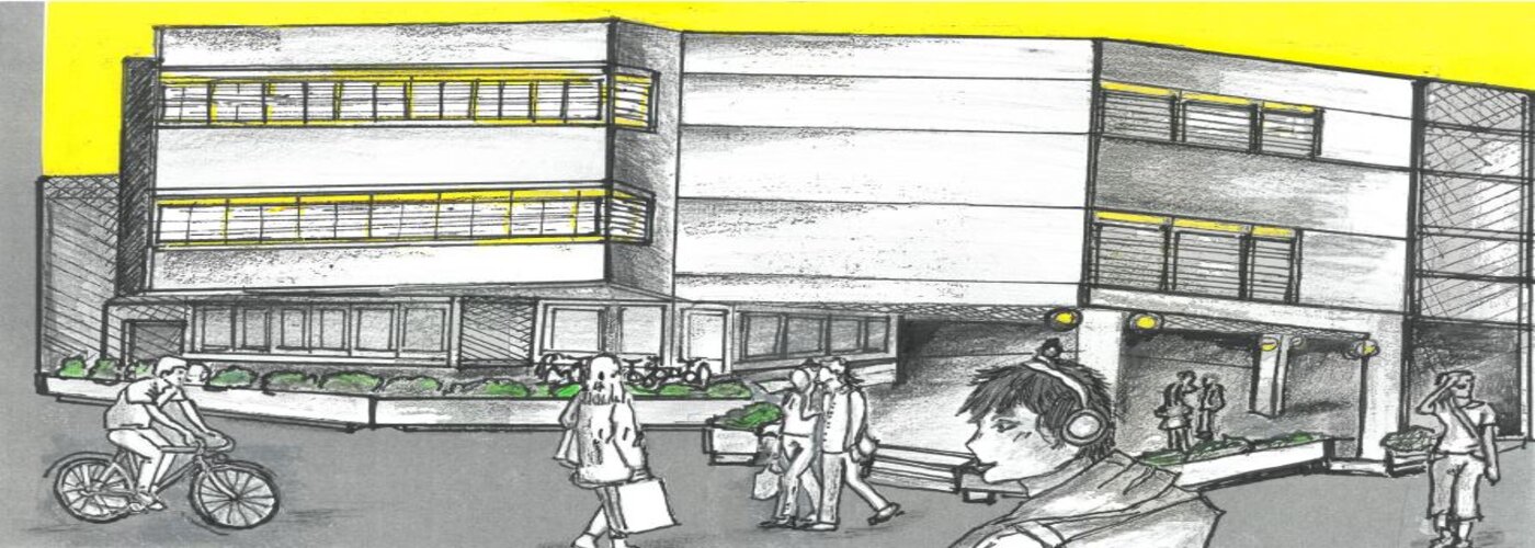 Schülerzeichnung Schulgebäude gelb/grau