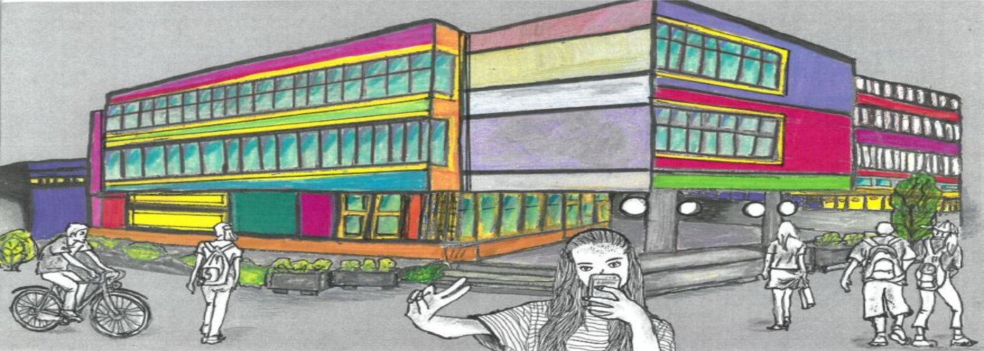 Schülerzeichnung Schulgebäude bunt 1