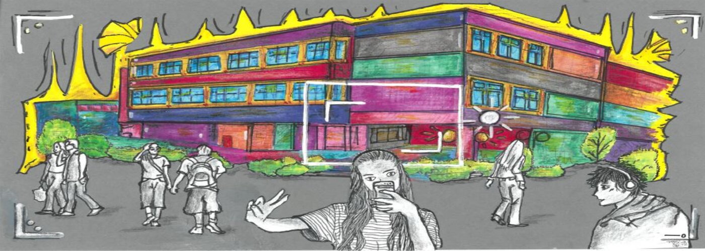 Schülerzeichnung Schulgebäude bunt und abstrakt