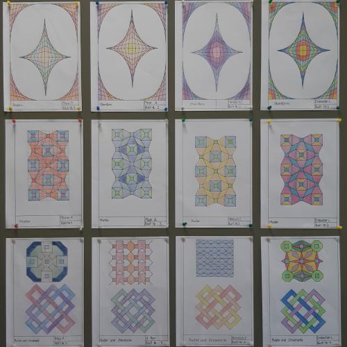 Geometrische Zeichnungen an einer Pinnwand