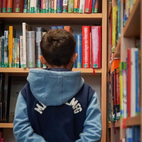 Schüler steht vor einem gefüllten Buchregal 