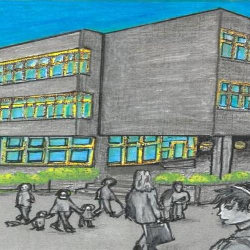 Grafische Gestaltung der Schule in blau-grau