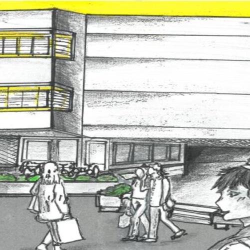 Grafische Gestaltung der Schule in grau-gelb