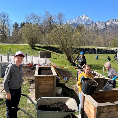Schüler:innen beim Vorbereiten und Befüllen der Hochbeete
