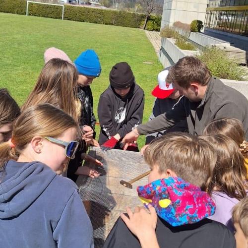Schüler:innen beim Vorbereiten und Befüllen der Hochbeete