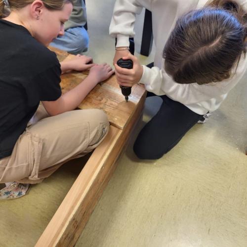 Schüler beim Bauen der Nisthilfe