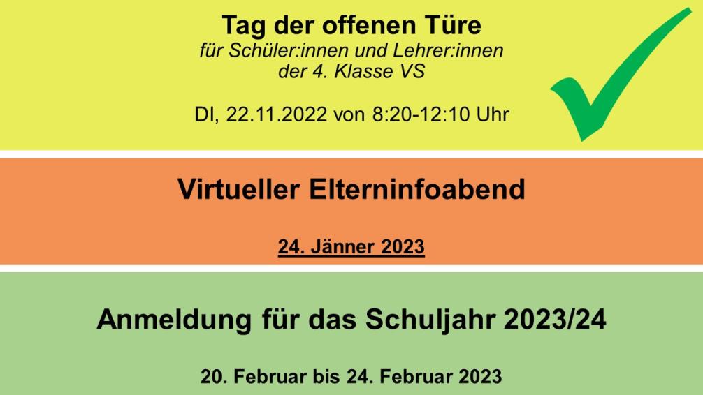 Übersicht der Termine für den Tag der offenen Tür, der virtuellen Infoveranstaltung und der Anmeldung für das Schuljahr 2023/24
