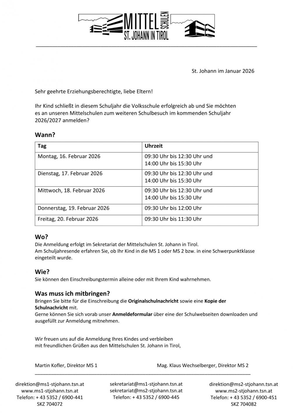 Informationen zur Anmeldung SJ 26-27