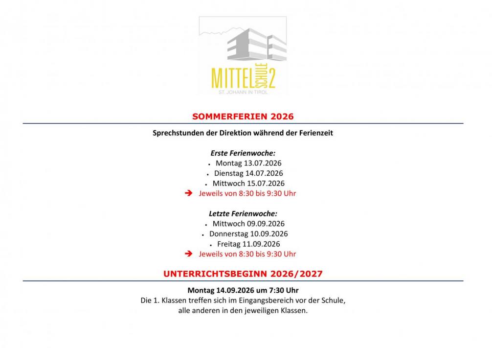 Öffnungszeiten Sekretariat während der Sommerferien