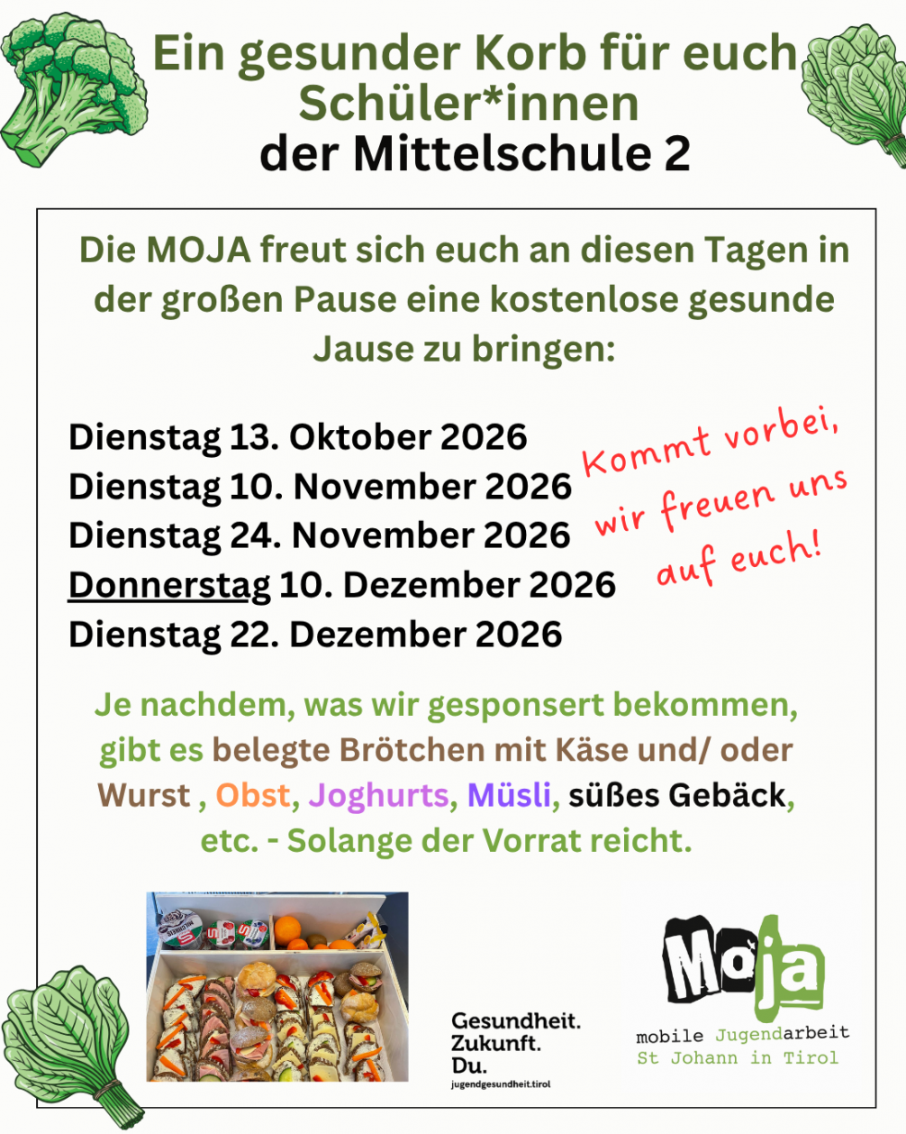 Ein Plakat der Moja, präsentiert wird das Angebot "Gesunde Jause".