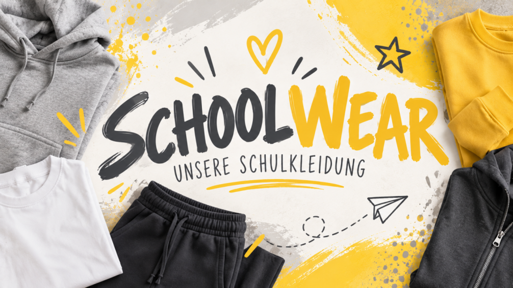 Foto in Gelb Grau, in der Mitte steht das Wort Schoolwear. Es ist umgeben von Kleidungsstücken.