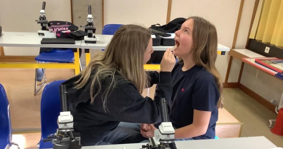 Schülerinnen bei der Probenentnahme