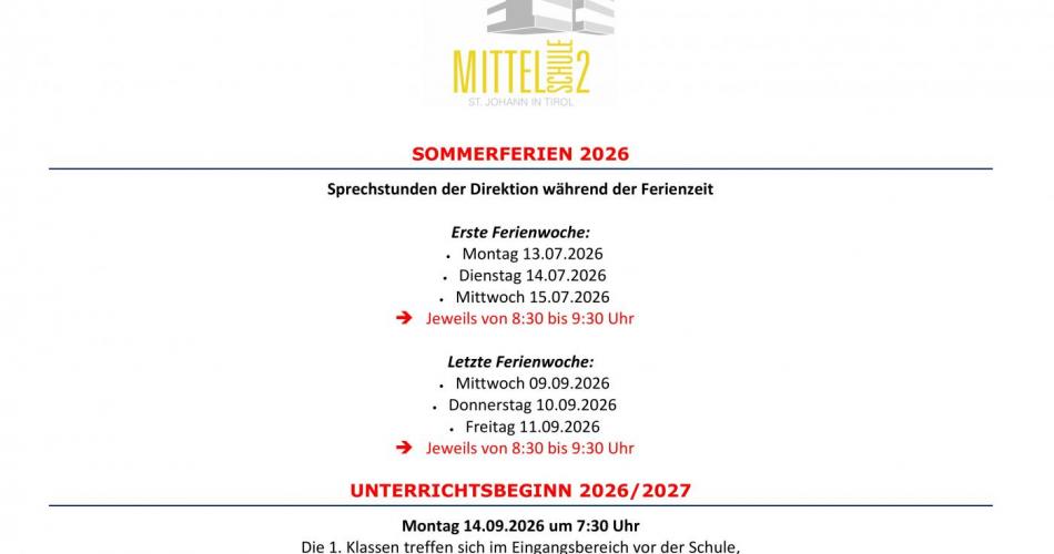 Öffnungszeiten Sekretariat während der Sommerferien