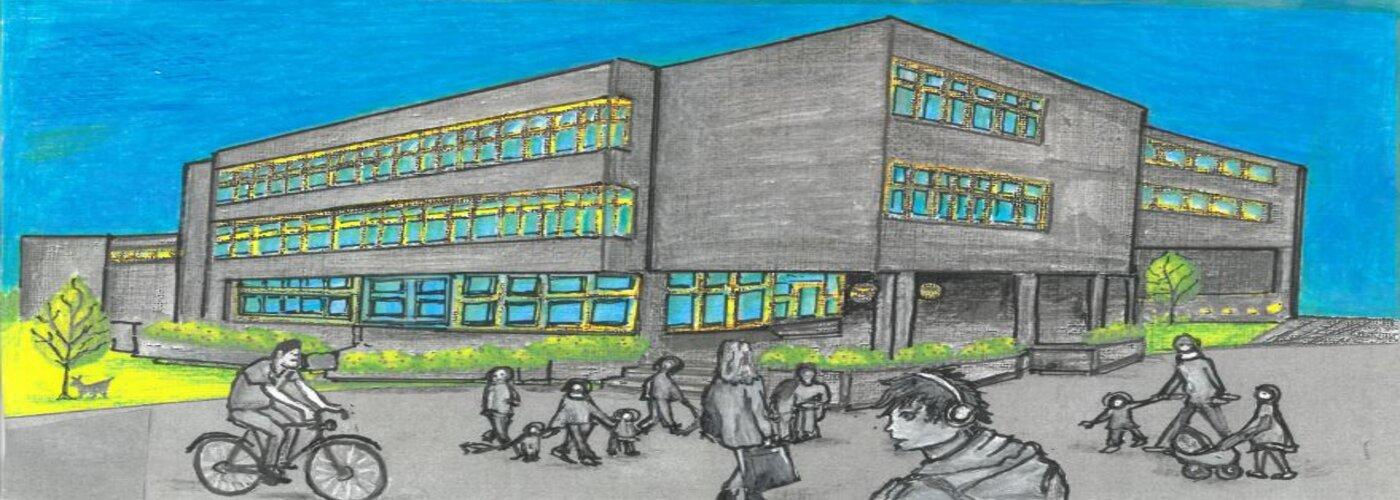 Schülerzeichnung Schulgebäude blau/grau
